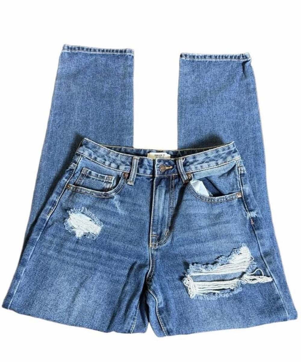 Forever 21 Women's Distressed Ripped High-Rise Straight Leg Blue Jeans Size 24